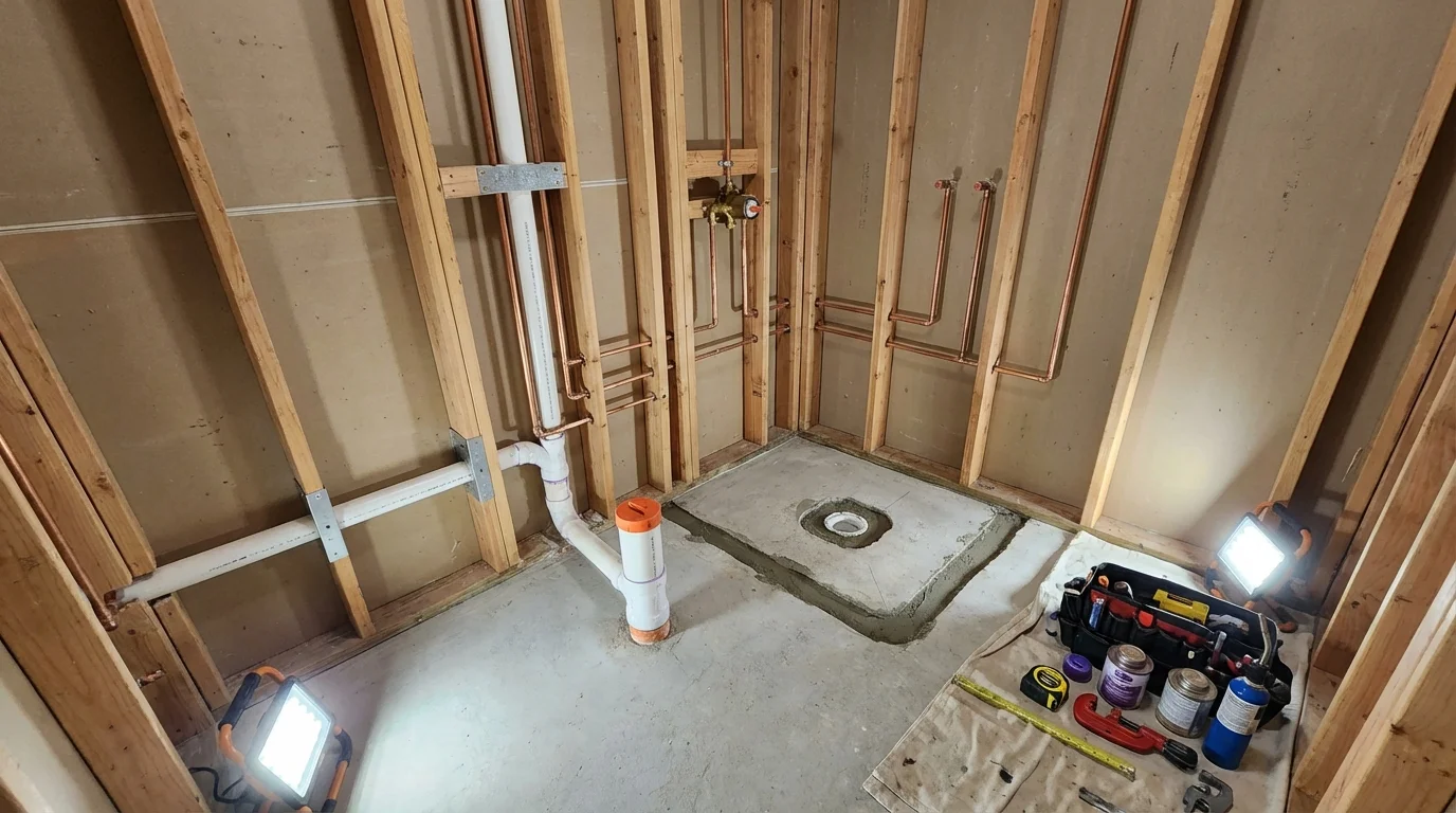 Bathroom rough-in plumbing during remodel by Johns Plumbing LLC in Van Horn