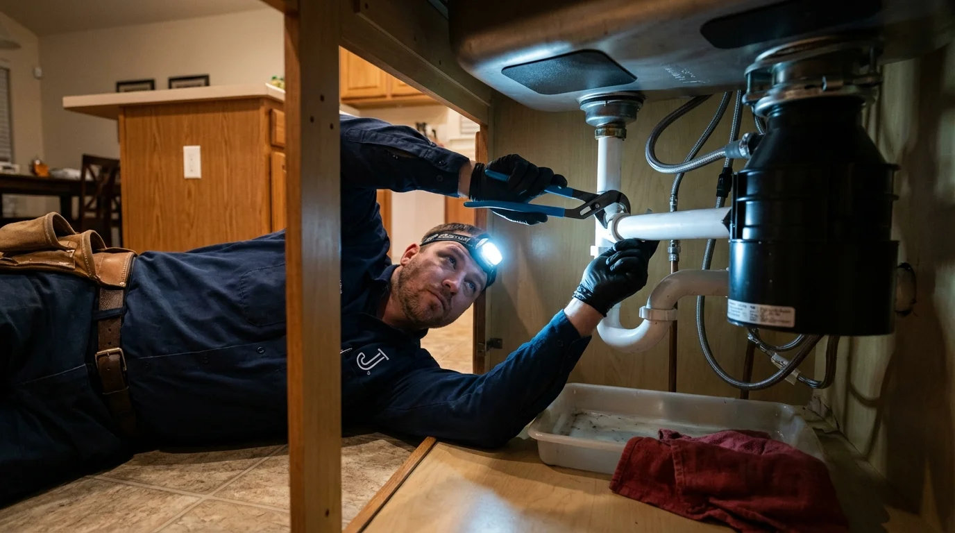P-trap and supply line connections under a kitchen sink showing a common leak point in Van Horn, TX